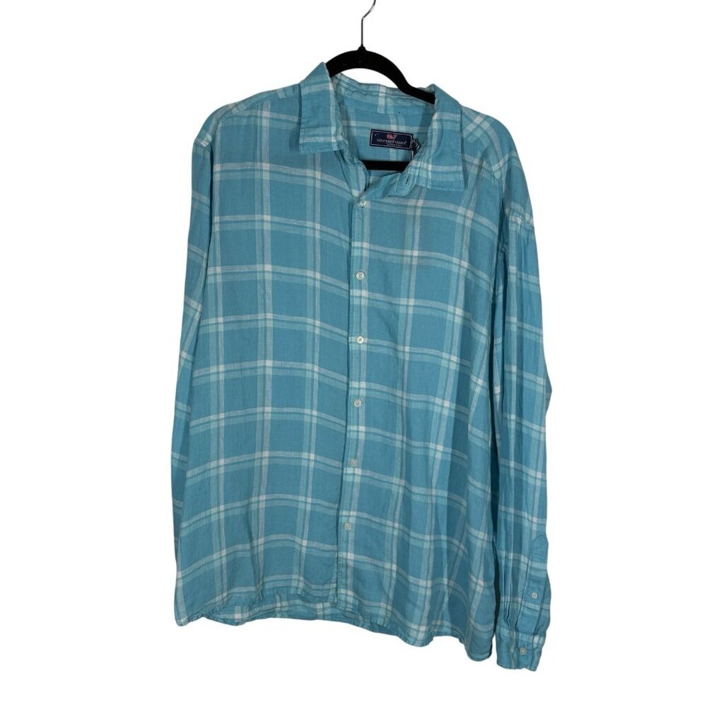 Vineyard Vines Men XXL Mist Blue Plaid Linen Bendback Tisbury Shirt NWT FLAWED